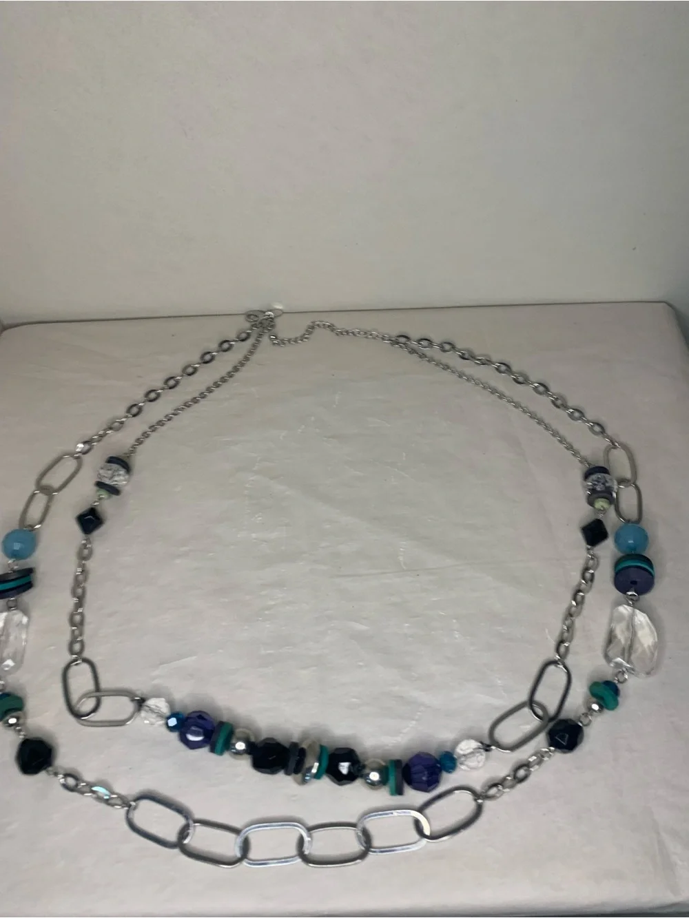 Double Strand Silver Beaded Chain Belt in Blue and Black